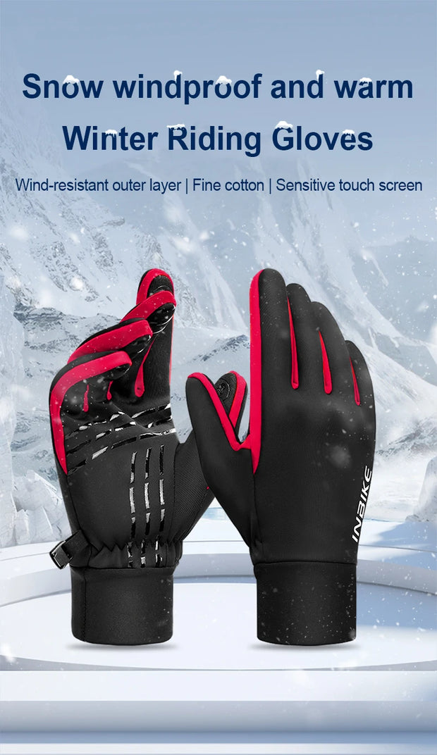 Black and red winter riding gloves with snow and mountain background