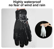 Black gloves with water splashes and text highlighting waterproof feature