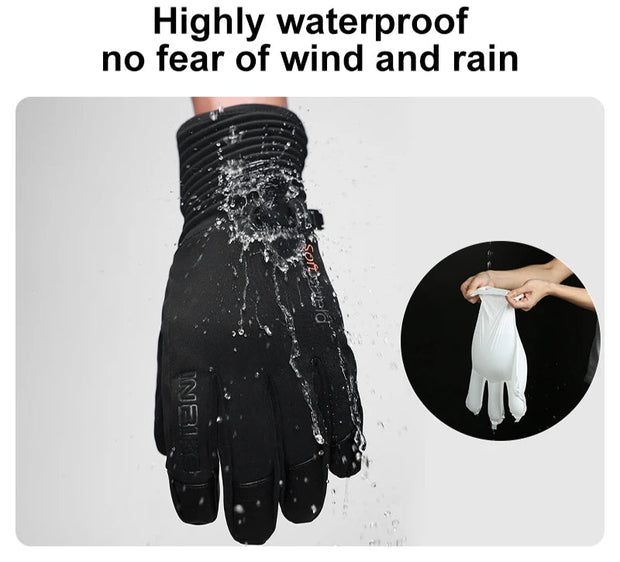 Black gloves with water splashes and text highlighting waterproof feature