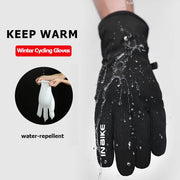 Black winter cycling gloves with water repellent feature on a white background.