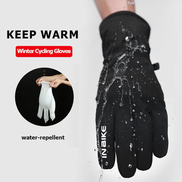 Black winter cycling gloves with water repellent feature on a white background.