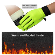 Green gloves with text highlighting features and a close-up of padding