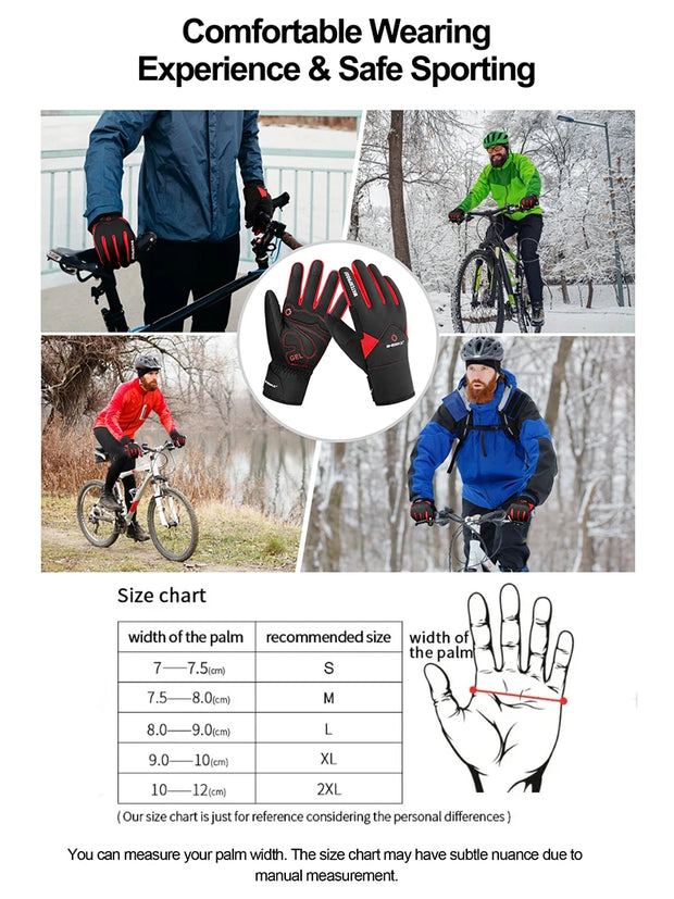 Gloves with text on comfortable wearing and safe sporting, surrounded by people cycling outdoors.
