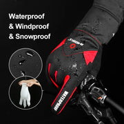 Black and red glove with waterproof and windproof features, showing water droplets and a close-up of the brand name.