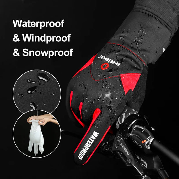 Black and red glove with waterproof and windproof features, showing water droplets and a close-up of the brand name.