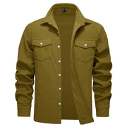 Brown corduroy shirt with button details on a white background