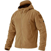 Tan tactical jacket with multiple pockets and patches on a white background
