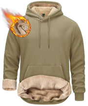 Khaki hoodie with sherpa lining on a white background