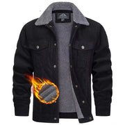Black jacket with gray fleece lining and flame graphic on a white background