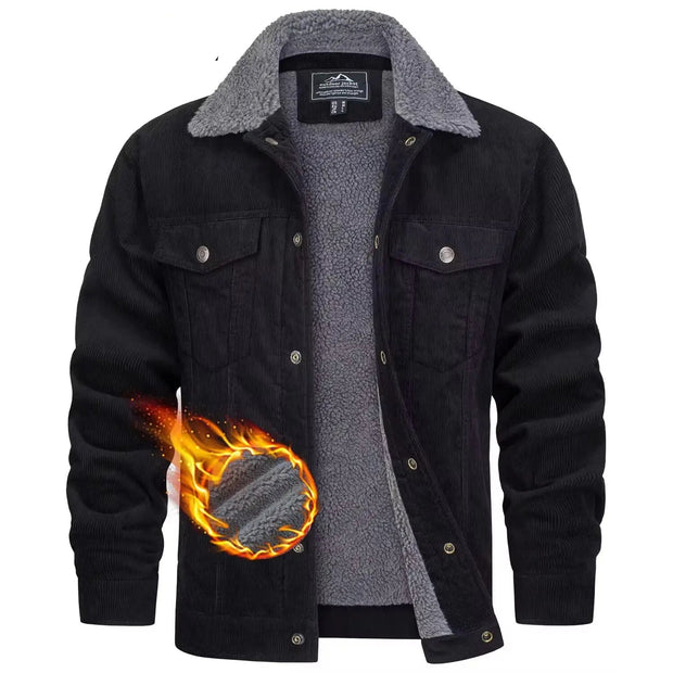 Black jacket with gray fleece lining and flame graphic on a white background