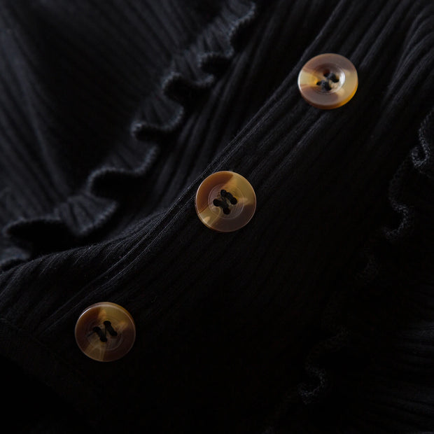 Close-up of a black textured fabric with three buttons on a dark background