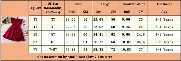 Table showing dress measurements for different age groups and sizes with a red dress displayed.