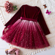 Maroon dress with star-patterned tulle skirt on a textured surface with flowers and butterflies.