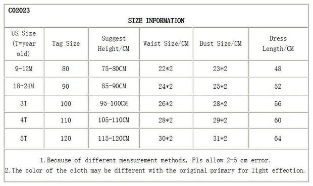 Size information chart for children's clothing with measurements in centimeters.