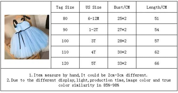 Children's dress with size chart on a white background