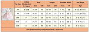 Size chart for children's clothing with tag sizes, US sizes, and measurements.