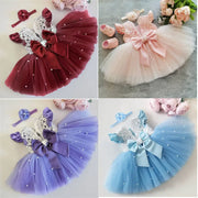 Collage of four tutu skirts in red, pink, blue, and purple with decorative bows and headbands.