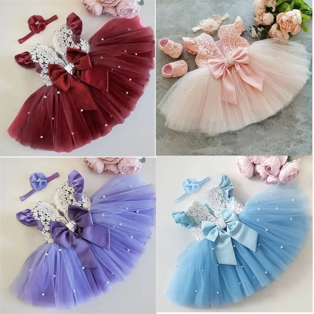 Collage of four tutu skirts in red, pink, blue, and purple with decorative bows and headbands.
