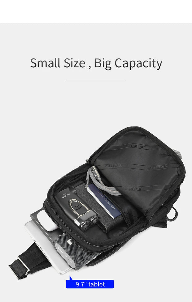 Black waist bag with compartments and a 9.7" tablet, on a light gray background.