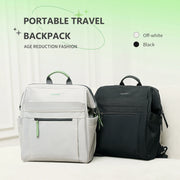 Two backpacks, one white and one black, on a light background with text about portable travel backpacks.