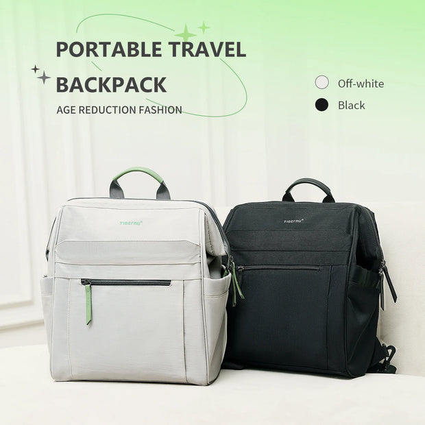 Two backpacks, one white and one black, on a light background with text about portable travel backpacks.