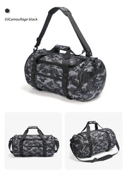 Camouflage duffel bag with black straps on a white background