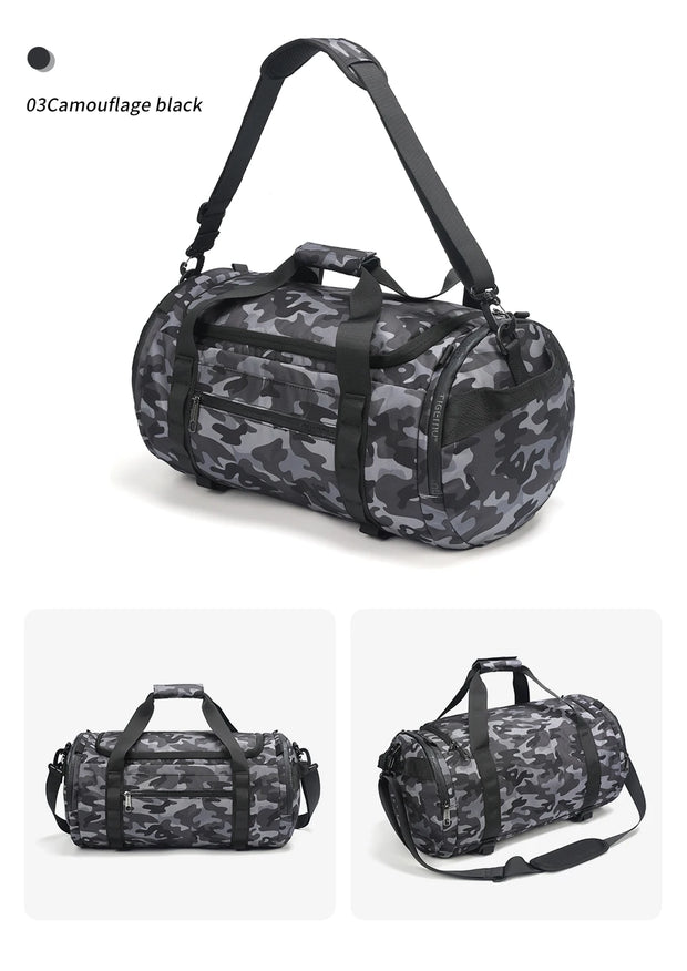 Camouflage duffel bag with black straps on a white background