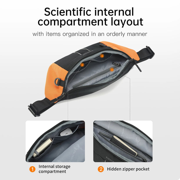 Orange and black waist bag with internal compartments and features highlighted on a white background.