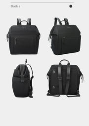 Black backpack shown from multiple angles on a white background