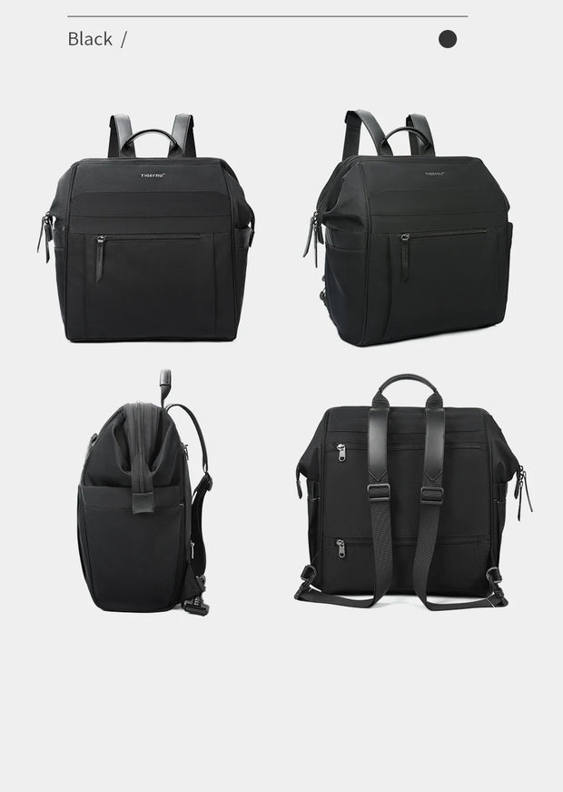 Black backpack shown from multiple angles on a white background