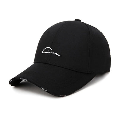 Black cap with white logo on a white background