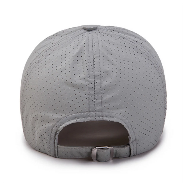 Gray baseball cap with a buckle on a white background