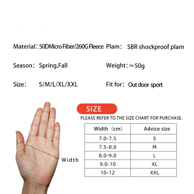 Product description of gloves with size chart and hand measurement guide.