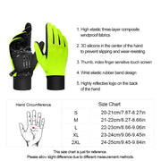 gloves with features and size chart on a white background
