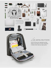 Backpack with organized compartments and items on a white background