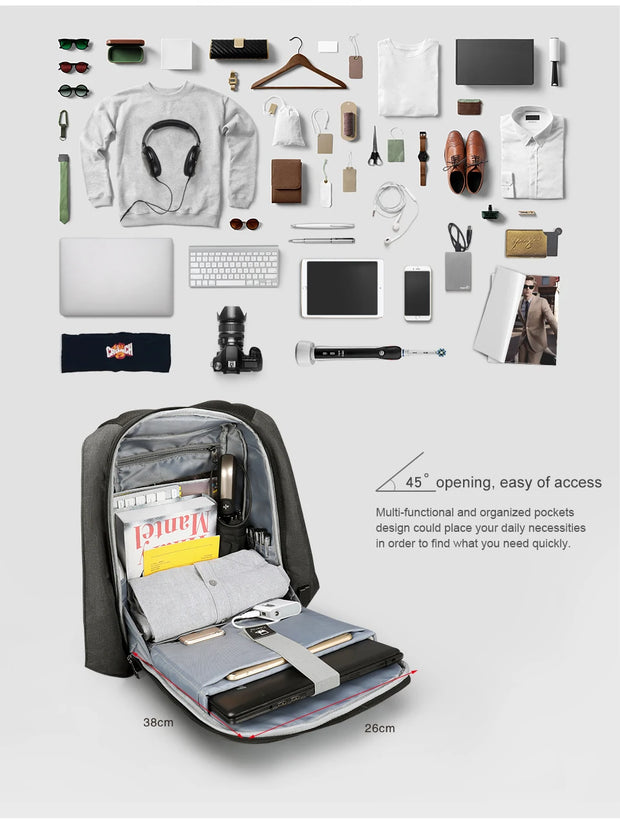Backpack with organized compartments and items on a white background