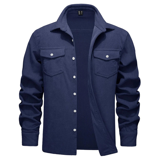 Navy blue shirt with button details on a white background