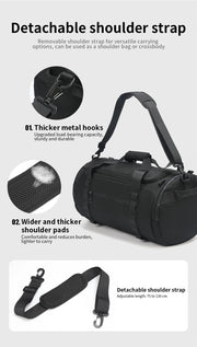 Black duffel bag with detachable shoulder strap on a white background