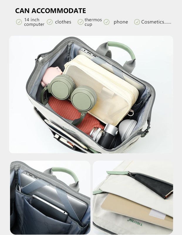 Backpack with compartments for a 14-inch computer, clothes, thermos, cup, phone, and cosmetics.