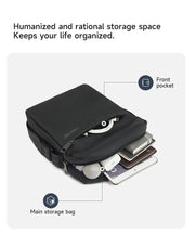 Black storage bag with labeled compartments on a white background