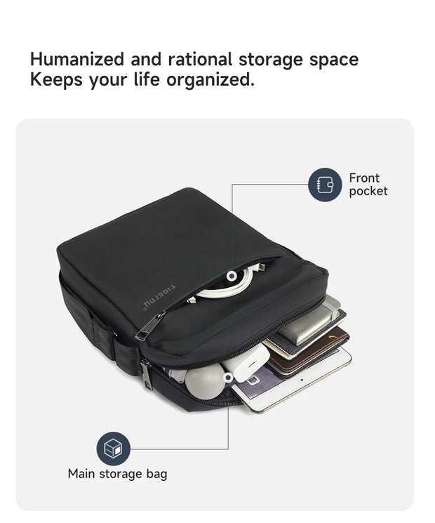 Black storage bag with labeled compartments on a white background