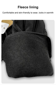 Black fleece lining with text highlighting comfort and warmth
