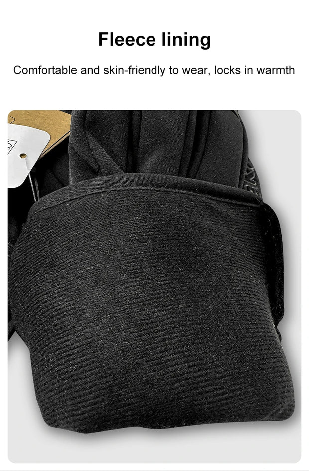 Black fleece lining with text highlighting comfort and warmth