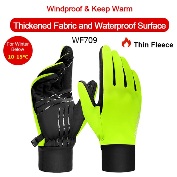 Pair of black and green gloves with text highlighting windproof and warm properties on a white background.