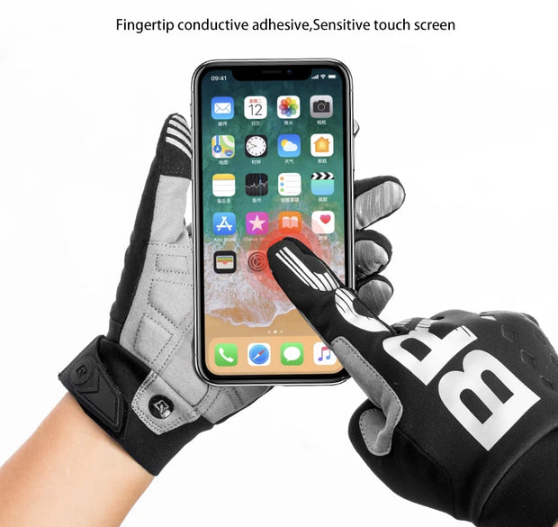 Gloves with fingertip conductive adhesive allowing touch screen interaction with a smartphone.