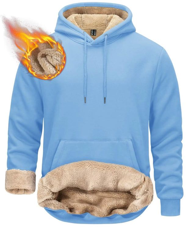 Blue hoodie with beige lining and flame graphic on a white background