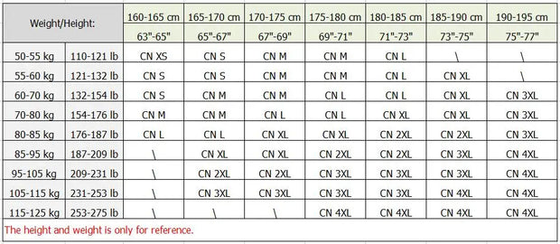 Table showing weight and height reference for clothing sizes.