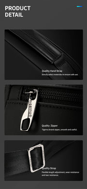 Close-up of a black bag with quality hand strap, zipper, and strap features highlighted.