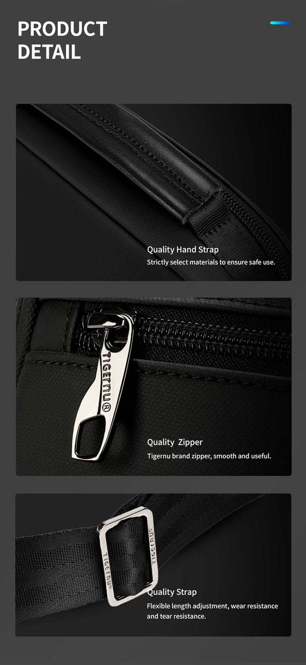 Close-up of a black bag with quality hand strap, zipper, and strap features highlighted.