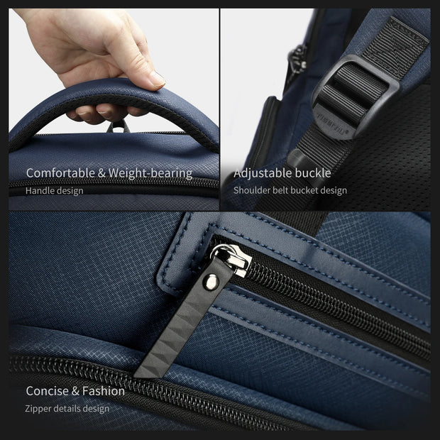 Blue backpack with handle, shoulder strap, and zipper details on a gray background
